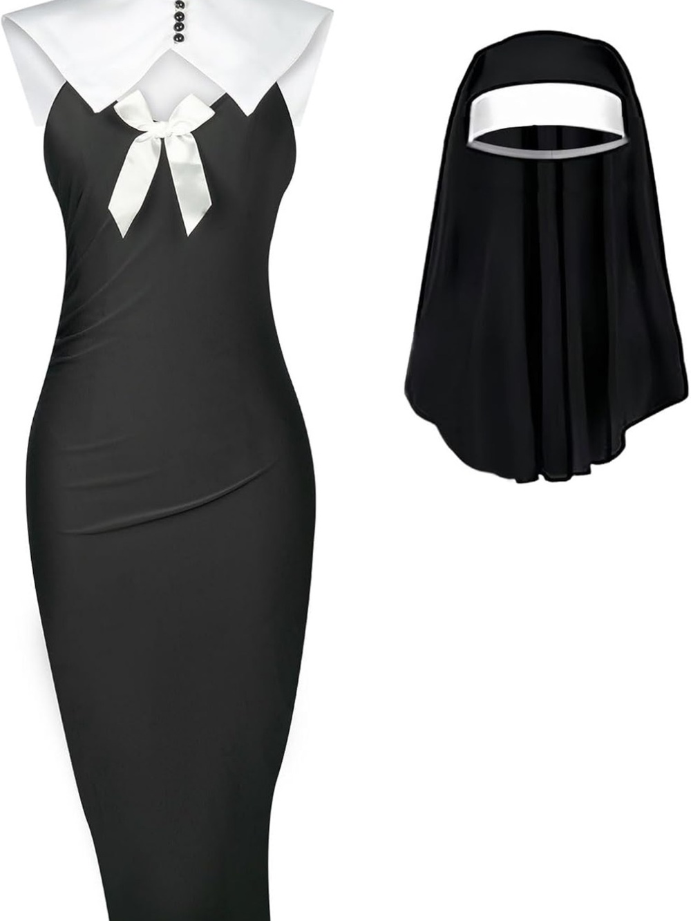 Black & White Nun Costume Dress + Veil Halloween Cosplay Outfit